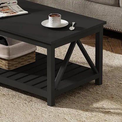 ChooChoo Coffee Table, Rustic Vintage Living Room Table with Shelf, 40 Pure Black - LeafyLoom