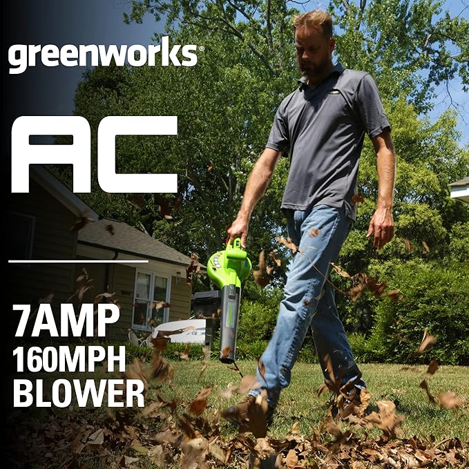 Greenworks 7 Amp 160 MPH/150 CFM Single Speed Electric Blower, 24012, green - LeafyLoom