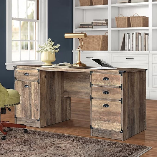 Modern Executive Desk, 59" Vintage Farmhouse Study Writing Desk with Storage Drawers, Industrial Wood Computer Manager's Desk with Knee Space for Home Office, Rustic Oak - LeafyLoom