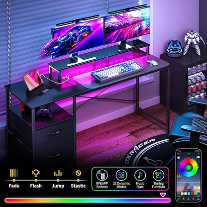 Yoobure Computer Desk, Gaming Desk with LED Lights & Power Outlets, Office Desk with Fabric File Cabinets, 55.1" Gaming Table with Long Monitor Stand, PC Gamer Desk with Drawers for Home office, Black - LeafyLoom