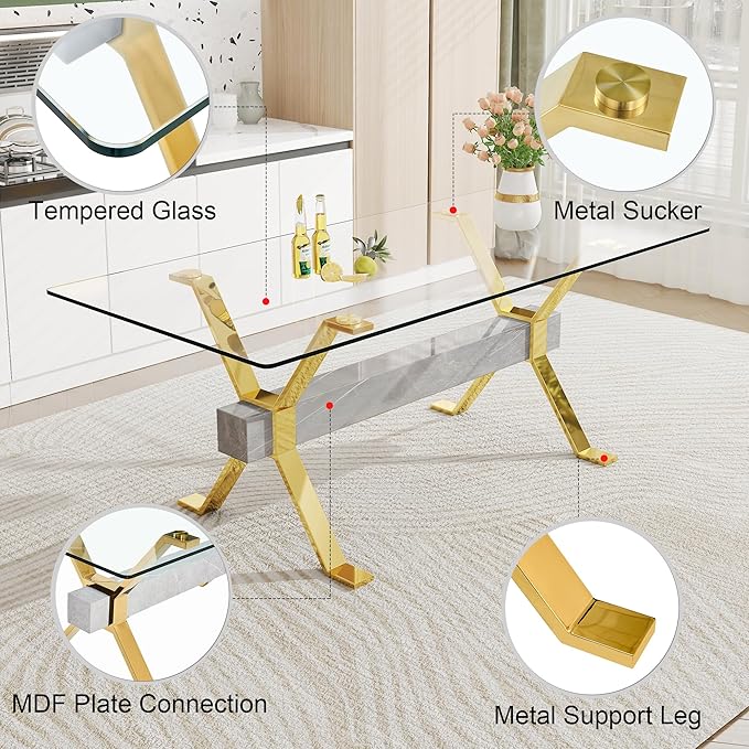 Rectangular Table with Tempered Glass Tabletop,Modern Dinner Desk W/Metal Tubular Legs, Home,Kitchen,Dining Room,Office,Gold, 79" Marble Color Crossbars - LeafyLoom