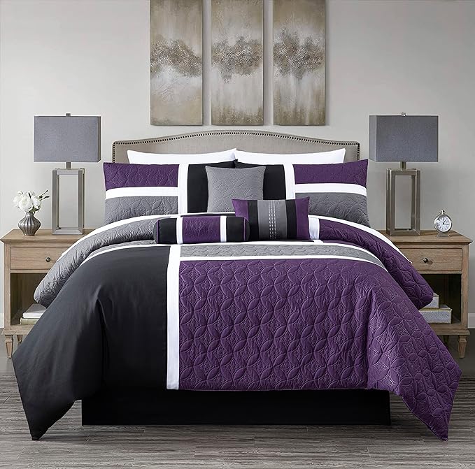 Chezmoi Collection Upland 7-Piece Quilted Patchwork Comforter Set, Purple/Black/Gray, Queen - LeafyLoom