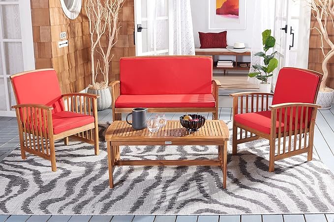 SAFAVIEH Outdoor Collection Rocklin Natural/ Red Cushion 4-Piece Conversation Patio Set - LeafyLoom