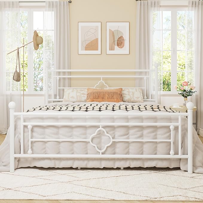 Allewie King Size Metal Platform Bed Frame with Victorian Vintage Headboard and Footboard/Mattress Foundation/Under Bed Storage/No Box Spring Needed/Noise-Free/Easy Assembly, White - LeafyLoom