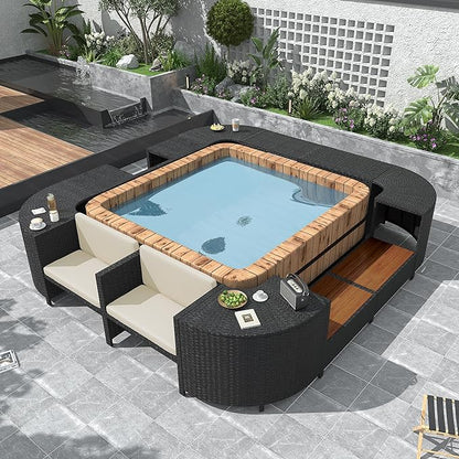 Outdoor Spa Surround Set Patio Furniture with Storage Space, Wood Seatings and Waterproof Cushions, Quadrilateral Rattan Sectional Sofa, for Backyard Deck Poolside, Onesize, Beige - LeafyLoom