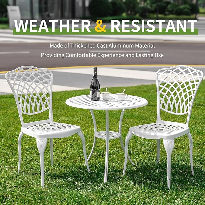 3 Piece Outdoor Bistro Set, Cast Aluminum Bistro Table and Chairs, Rust-Resistant Patio Furniture Set, White Bistro Set 3 Piece Outdoor for Garden, Backyard, Balcony - LeafyLoom