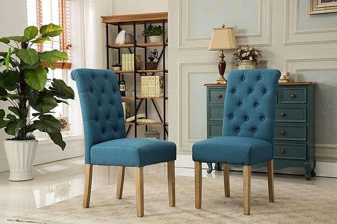 Roundhill Furniture Habit Solid Wood Tufted Parsons Dining Chair (Set of 2), Blue - LeafyLoom