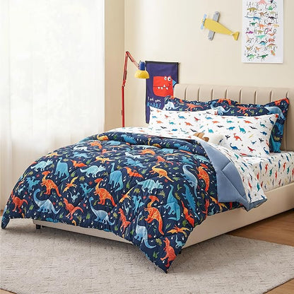 Kids Twin Dinosaur Bedding Comforter Set for Boys, 5 Pieces Twin Size Dinosaur Kids Bedding Set, Super Soft Lightweight Microfiber Comforter Set with Sheets for All Seasons - LeafyLoom