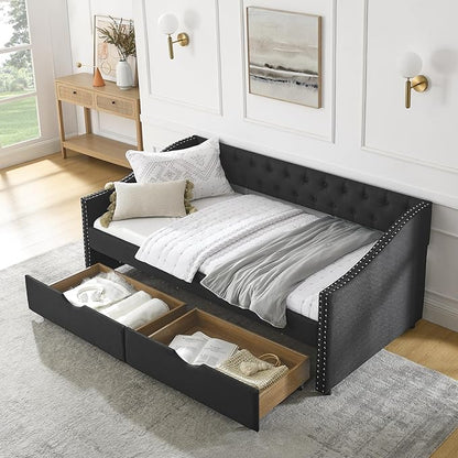 Twin Size Daybed with Two Storage Drawers, Linen Upholstered Tufted Sofa Bed w/Button on Back and Copper Nail on Waved Shape Arms, for Bedroom Living Room, No Box Spring Needed, Black - LeafyLoom