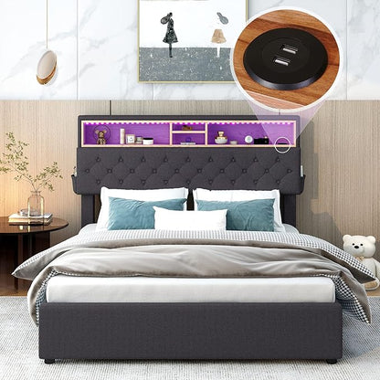 Full Size Bed Frame with LED Headboard, USB Charging, Upholstered Platform Bed with Storage Drawers and Headboard, No Box Spring Needed, Dark Gray - LeafyLoom