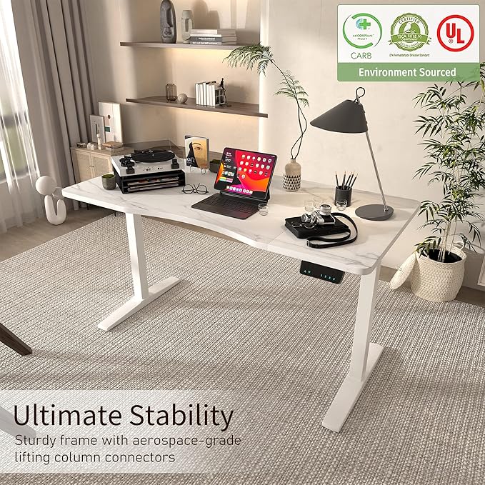 Monomi Height Adjustable Electric Standing Desk, 55 x 28 Inches Stand up Desk, Sit Stand Home Office Computer Desk(White Frame+Marble White Top) - LeafyLoom