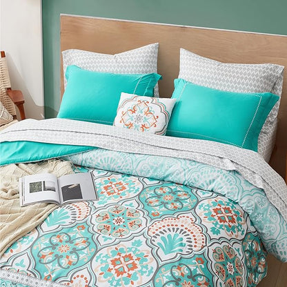 Degrees of Comfort Twin Bed in A Bag 6 Piece, Lattice Boho Bedding Sets for Teen Girls, Aqua Floral Bed Set, Microfiber Colorful Comforter Set with Sheets, Matching Decorative Pillow - LeafyLoom