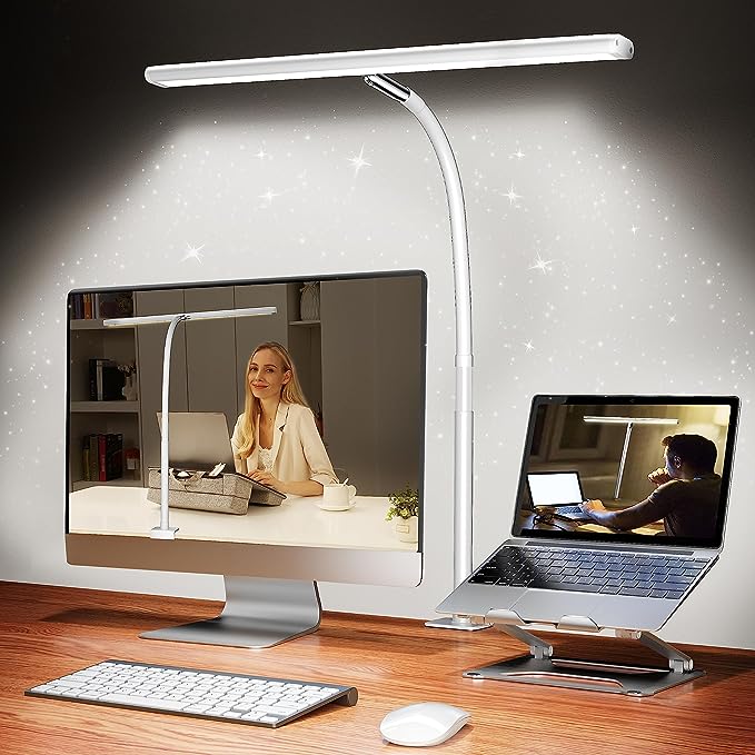 LED Desk Lamp for Office Home, Eye-Caring Desk Light with Stepless Dimming Adjustable Flexible Gooseneck, 10W USB Adapter Desk Lamp with Clamp for Reading, Study, Workbench (White) - LeafyLoom