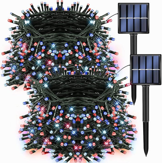 Dazzle Bright 2 Pack Red White and Blue Solar String Lights, 400LED 132FT Christmas Independence Day String Lights, Solar Powered with 8 Modes Waterproof for Outdoor Party Decorations DazzleBright