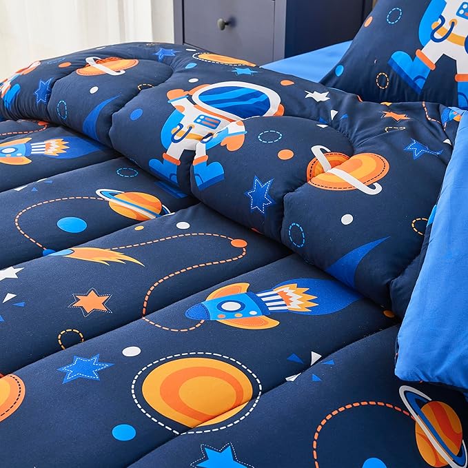 Space Navy Twin XL Comforter Sets for Boys Girls Kids Teen 5 Pieces Bed in a Bag Galaxy Astronaut Comforter with Sheet Sets Dorm Bedding Set - LeafyLoom