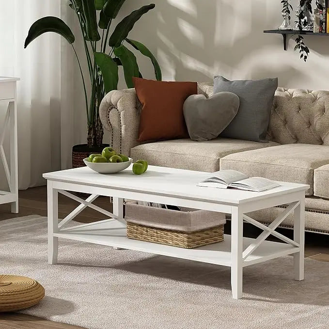 ChooChoo White Coffee Table Classic X Design for Living Room, Rectangular Modern Cocktail Table with Storage Shelf, 47 Inch - LeafyLoom