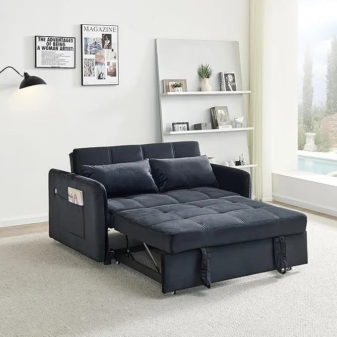 Velvet Tufted Convertible Pull Out Sofa Bed , 3 in 1 Multi-Functional Futon Lounge Chair Sleeper Couch Bed, Pullout Sofá with Adjustable Backrest and USB Ports for Living Room Small Space Apartment - LeafyLoom