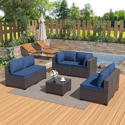 Patio Furniture Set 7-Pieces Outdoor Furniture for Backyard Wicker Sectional Sofa Set, Rattan Patio Conversation Set with Thickened Cushions and Glass Coffee Table, Navy Blue - LeafyLoom