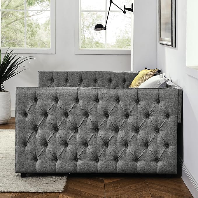 Full Size Upholstered Daybed, Pull Out with Two Storage Drawers, Solid Wood Frame Bed, Tufted Buttons and Copper Nails On Square Arms, for Bedrooms,Apartments - LeafyLoom