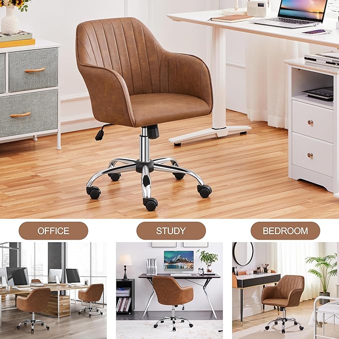 Yaheetech Modern Faux Leather Desk Chair Height Adjustable Task Chair Swivel Office Chair Makeup Chair Computer Chair Mid Back Chair Living Room Chairs with Arms Retro Brown - LeafyLoom