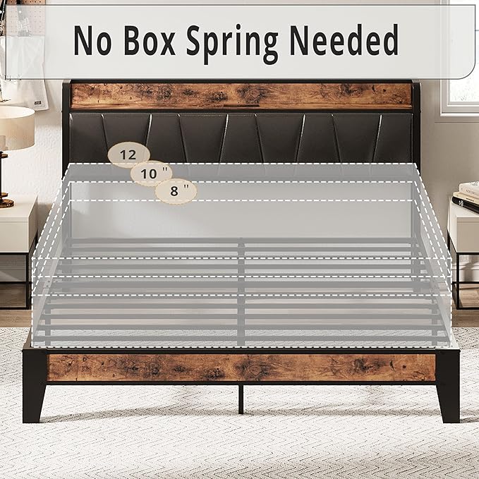 LIKIMIO Queen Bed Frame, Storage Headboard with Charging Station, Solid and Stable, Noise Free, No Box Spring Needed, Easy Assembly (Vintage and Black) - LeafyLoom