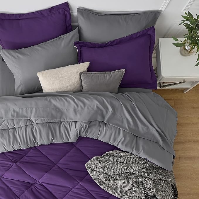 Bedsure Purple King Comforter Set - 7 Pieces Reversible Bed Set Bed in a Bag King with Comforters, Sheets, Pillowcases & Shams, King Bedding Sets - LeafyLoom