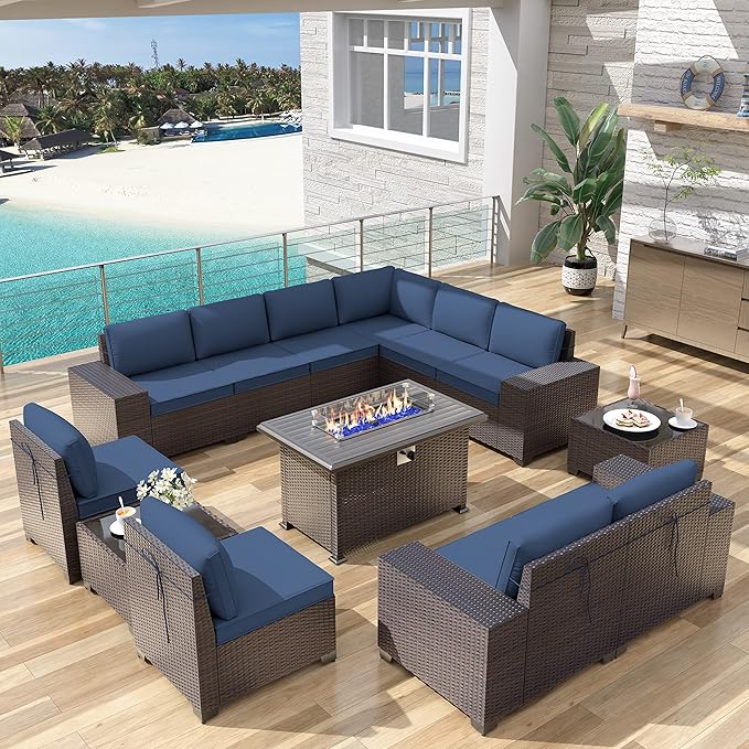 13PCS Patio Furniture Sectional Sofa Set PE Rattan Patio Conversation Set w/43in Gas Fire Pit Table, Outdoor Furniture with 55000 BTU Propane Fire Pit, Navy Blue - LeafyLoom