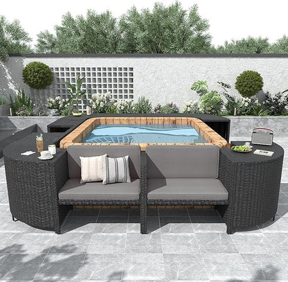 Outdoor Spa Surround Set Patio Furniture with Storage Space, Wood Seatings and Waterproof Cushions, Quadrilateral Rattan Sectional Sofa, for Backyard Deck Poolside, Onesize, Grey - LeafyLoom