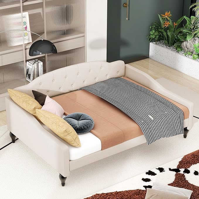 Full Size Upholstered Daybed,Linen Sofa Bed with Button Tufted Back & Nailhead Decorated Waved Shape Arms,Slat Support,No Spring Box Need,Bedframe for Bedroom Livingroom Small Space,Beige - LeafyLoom