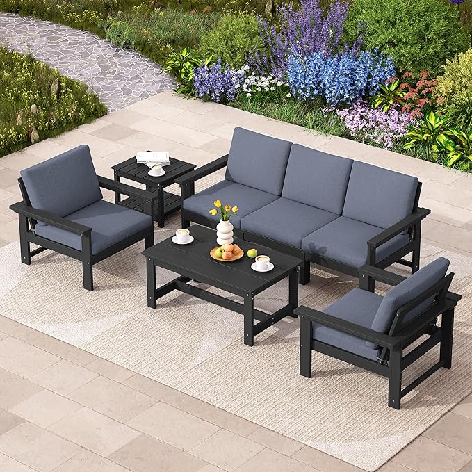 SERWALL HDPE Patio Coversation Set, 7-piece Outdoor Sectional Sofa Set, All Weather Patio Couch Set Patio Furniture for Balcony, Deck, Black Frame with Grey Cushion - LeafyLoom