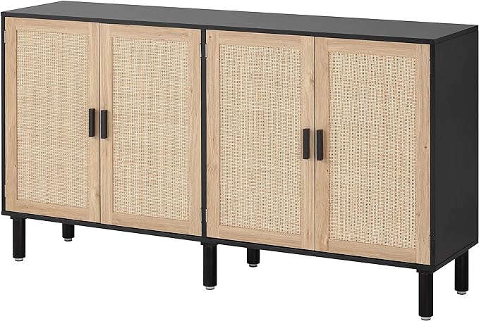 Finnhomy 4 Door Sideboard Buffet Cabinet, Kitchen Storage Cabinet with Rattan Decorated Doors, Cupboard Console Table, Boho Accent Liquor Cabinet, Bar Cabient, 62.3X 15.7X 34.6 Inches, Black - LeafyLoom