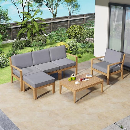 4 Piece Acacia Wood Patio Furniture L-Shaped Outdoor Sectional Sofa Coffee Table, FSC Certified Conversation Set w/Beige Cushions for Garden Backyard - LeafyLoom