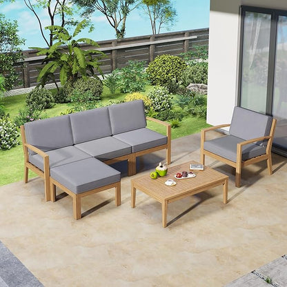 Merax 6 Pieces Sectional Sofa Solid Acacia Wood Frame Outdoor Conversation Furniture Sets with Coffee Table and Removable Cushion for Garden Backyard Patio and Poolside, Grey - LeafyLoom