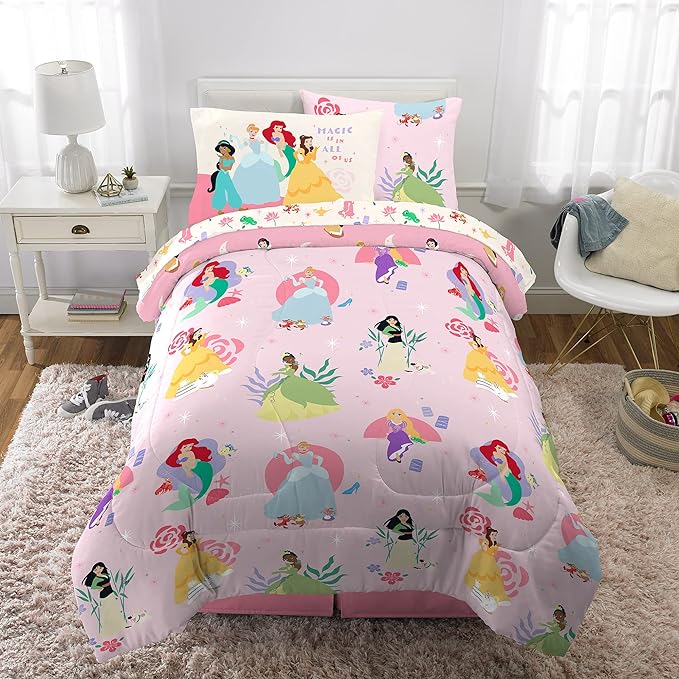 Franco Kids Bedding Super Soft Comforter and Sheet Set with Sham, 5 Piece Twin Size, Disney Princess - LeafyLoom