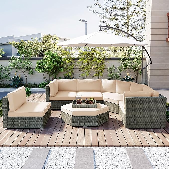 Patio 7-Piece Set, Half-Moon Curved Sectional Sofa Outdoor Rattan Furniture with Ottoman and No-Slip Cushions for Balcony, Porch, Garden, Zc-Beige - LeafyLoom