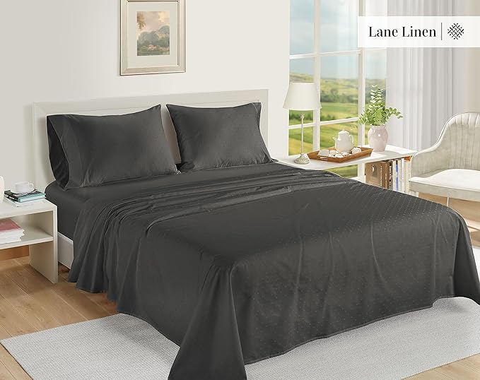 LANE LINEN Luxury 100% Egyptian Cotton Bed Sheets - 1000 Thread Count 4PC Full Sheets Set, Long Staple Cotton Bedding Sheets, Sateen Weave, Hotel Sheets, Fits Upto 16" Mattress, Swiss Dot - Charcoal - LeafyLoom