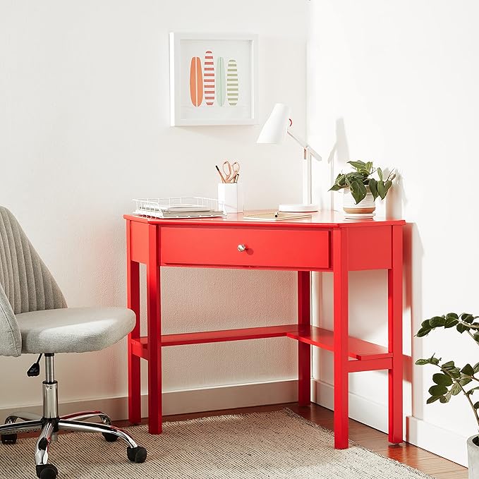 Target Marketing Systems Ellen Corner Desk Drawer and One Storage Shelf For Living Room, Bedroom, or Home Office, Small Computer Table, 42" W x 30" H, Red - LeafyLoom