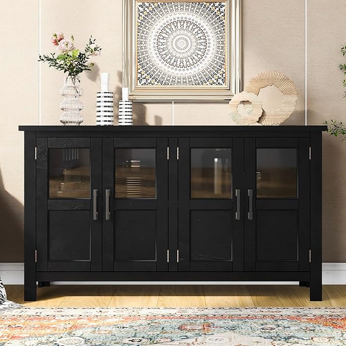 Merax Farmhouse Sideboard Buffet Cabinet with Storage, 4 Door Wood Cupboard w/Adjustable Shelves, Console Table for Kitchen, Dining/Living Room, Black - LeafyLoom