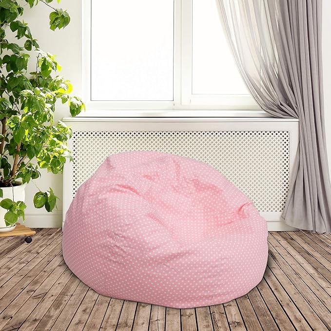 Flash Furniture Dillon Small Bean Bag Chair for Kids and Teens, Foam-Filled Beanbag Chair with Machine Washable Cover, Light Pink Polka Dot - LeafyLoom