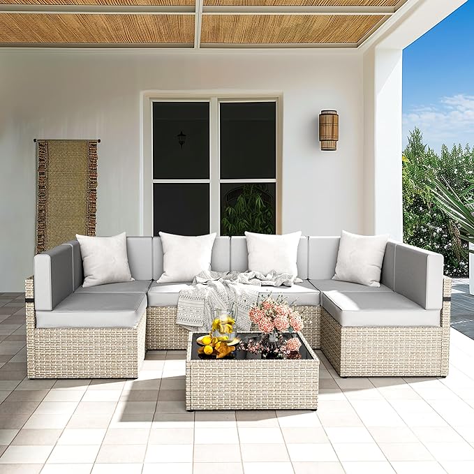 Pamapic Outdoor Sectional Furniture for 6,Wicker Patio Furniture,All-Weather Gray PE Rattan Sectional Sofa, Conversation Set with Washable Cushions Covers and Coffee Table for Garden Poolside - LeafyLoom