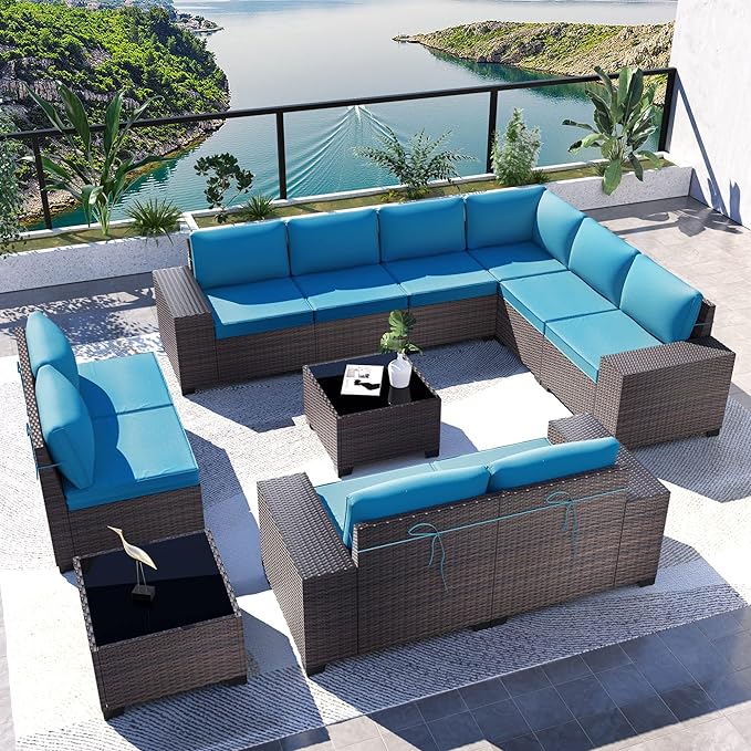 Kullavik 12PCS Outdoor Patio Furniture Set PE Wicker Rattan Sectional Sofa Patio Conversation Sets,Blue - LeafyLoom