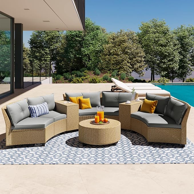 9 Pieces Outdoor Furniture Half Moon Wicker Patio Sets with Coffee Table, All-Weather Fan-Shaped Curved Sectional Sofa Couch with Gray Cushions, Onesize, Brown Rattan - LeafyLoom