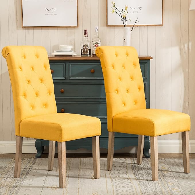 Roundhill Furniture Habit Solid Wood Tufted Parsons Yellow Dining Chair, Set of 2, - LeafyLoom