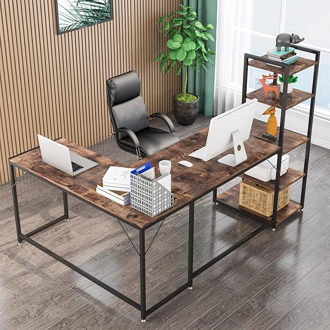 79 Inch Reversible L-Shaped Desk, Large Corner Computer Desk with 5 Tier Storage Shelves - LeafyLoom