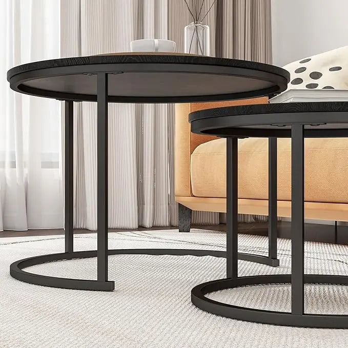 Round Coffee Table Set of 2 End Tables for Living Room,Black Coffee Table Nesting Tables,Living Room Table Wooden Accent Furniture Metal Frame,Sturdy Stacking Side Tables,Easy Assembly - LeafyLoom