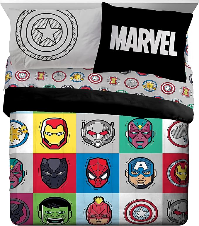 Jay Franco Marvel Avengers Pop 7 Piece Queen Size Bed Set - includes Comforter & Sheet Set - Super Soft Fade Resistant Microfiber (Official Marvel Product) - LeafyLoom