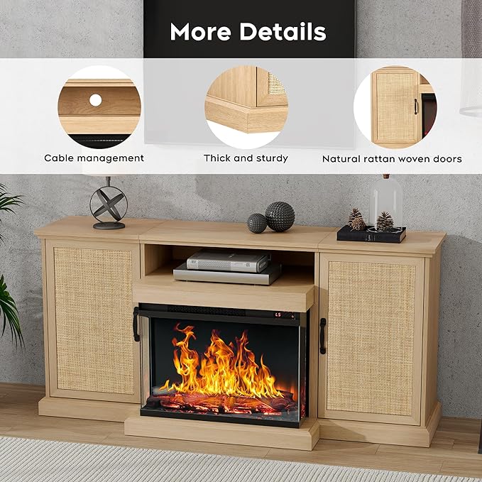 3-Side Glass Fireplace TV Stand for TVs up to 65'', Electric Fireplace TV Stand with Rattan Cabinet, Entertainment Center with Fireplace, Boho, Natural - LeafyLoom