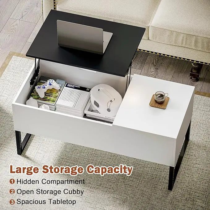 White Coffee Table with Black Lift Top - Modern Industrial Coffee Table with Lifting Top and Hide Compartment Storage - 40 Inch Rectangle Lift Coffee Tables for Living Room - LeafyLoom