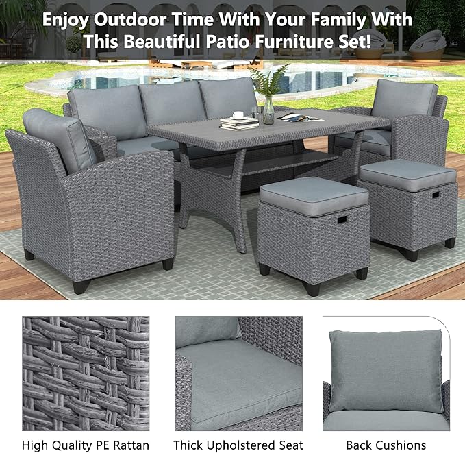 7 Pieces Patio Furniture Outdoor Sectional Sofa Conversation Set All Weather Wicker Rattan Couch Dining Table & Chair with Ottoman, OneSize, Cb-Grey - LeafyLoom