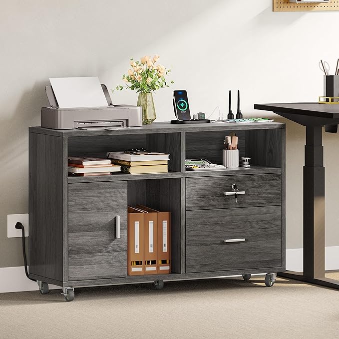 DWVO 2 Drawer File Cabinet with Charging Station, Mobile Filing Cabinet with Lock, Grey - LeafyLoom